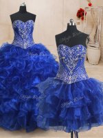 Modern Three Piece Sweetheart Sleeveless Organza Sweet 16 Dress Beading and Ruffles Brush Train Lace Up(SKU PSSW0156KC002BIZ)