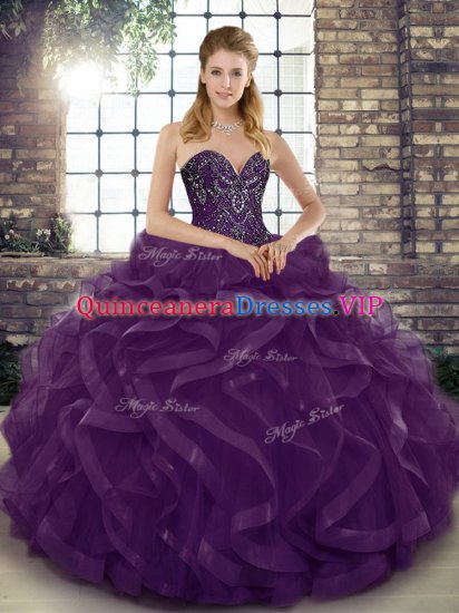 Super Sleeveless Floor Length Beading and Ruffles Lace Up Quinceanera Gown with Dark Purple - Click Image to Close
