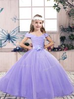Fancy Ball Gowns Child Pageant Dress Lavender Off The Shoulder Tulle Sleeveless Floor Length Lace Up