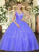 Amazing Sleeveless Floor Length Beading Lace Up Sweet 16 Quinceanera Dress with Lavender