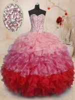 Multi-color Lace Up Sweetheart Beading and Ruffles Quince Ball Gowns Organza Sleeveless