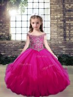 Elegant Tulle Off The Shoulder Sleeveless Lace Up Beading Little Girls Pageant Dress in Fuchsia(SKU PAG1225-3BIZ)