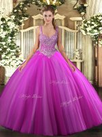 Fuchsia Ball Gowns Beading 15th Birthday Dress Lace Up Tulle Sleeveless Floor Length