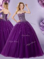 Trendy Dark Purple Tulle Lace Up Sweet 16 Dress Sleeveless Floor Length Beading