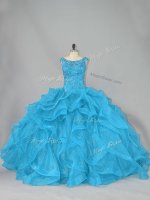 Sleeveless Organza Brush Train Lace Up 15th Birthday Dress in Aqua Blue with Beading and Ruffles
