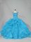 Sleeveless Organza Brush Train Lace Up 15th Birthday Dress in Aqua Blue with Beading and Ruffles