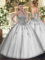 Sweet Grey Lace Up Sweetheart Beading and Appliques Sweet 16 Dress Tulle Sleeveless