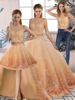 Peach Sweet 16 Dress Tulle Sweep Train Sleeveless Lace