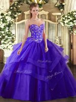 Stunning Purple Sleeveless Floor Length Embroidery and Ruffled Layers Lace Up Quinceanera Gowns