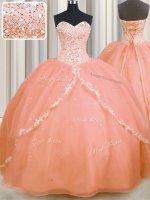 Sweetheart Sleeveless Brush Train Lace Up Vestidos de Quinceanera Peach Organza