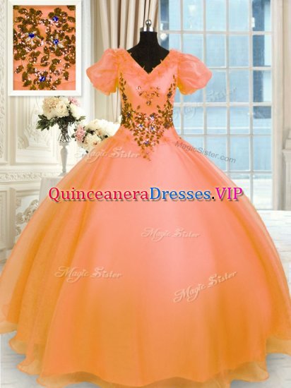 Elegant Orange Ball Gowns Appliques Vestidos de Quinceanera Lace Up Organza Short Sleeves Floor Length - Click Image to Close
