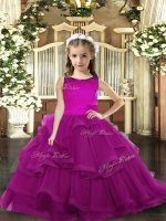 Fashion Purple Tulle Lace Up Scoop Sleeveless Floor Length Evening Gowns Ruffled Layers