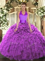 Comfortable Floor Length Fuchsia Quinceanera Dresses Halter Top Sleeveless Lace Up