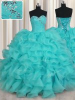 Lovely Aqua Blue Organza Lace Up Sweetheart Sleeveless Floor Length Quinceanera Dress Beading and Ruffles