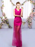 Classical Floor Length Fuchsia Court Dresses for Sweet 16 V-neck Sleeveless Lace Up