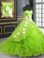 Suitable Brush Train Ball Gowns 15th Birthday Dress Sweetheart Organza Sleeveless Lace Up