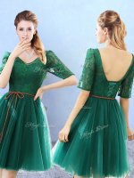 Knee Length Backless Court Dresses for Sweet 16 Green for Prom and Party with Lace