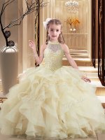 Latest Tulle High-neck Sleeveless Brush Train Lace Up Beading and Ruffles Girls Pageant Dresses in Light Yellow