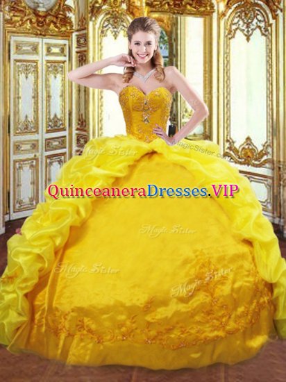 Delicate Gold Taffeta Lace Up Sweetheart Sleeveless Ball Gown Prom Dress Brush Train Beading and Embroidery and Pick Ups - Click Image to Close