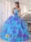 sweetheart neckline Bodice Baby Blue and Purple Appliques Decorate Ruffles Hand Made Flower For Auchterarder Tayside Quinceanera Dress