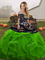 Green Tulle Lace Up Quinceanera Gowns Sleeveless Floor Length Embroidery and Ruffles
