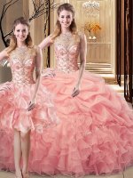 Colorful Peach Sleeveless Organza and Tulle Lace Up Quince Ball Gowns for Sweet 16 and Quinceanera(SKU SJQDDT2065007BIZ)