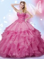New Arrival Floor Length Lace Up Quince Ball Gowns Rose Pink for Military Ball and Sweet 16 and Quinceanera with Beading