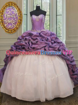 Perfect White And Purple Lace Up Sweet 16 Dresses Beading and Pick Ups Sleeveless With Train Court Train