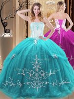 Luxurious Sleeveless Floor Length Embroidery Lace Up Quinceanera Gown with Aqua Blue