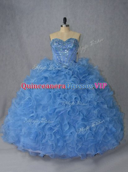 Suitable Organza Sweetheart Sleeveless Brush Train Lace Up Beading and Ruffles Quinceanera Dresses in Blue - Click Image to Close