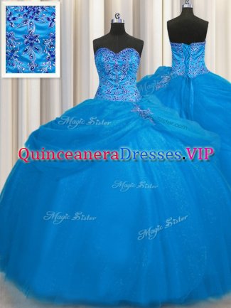 Really Puffy Floor Length Ball Gowns Sleeveless Blue Quinceanera Gowns Lace Up