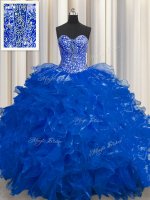 Custom Designed See Through Royal Blue Sleeveless Organza Lace Up Quince Ball Gowns for Military Ball and Sweet 16 and Quinceanera