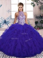 Popular Halter Top Sleeveless Tulle Quinceanera Dresses Beading and Ruffles Lace Up