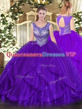 Lovely Eggplant Purple Ball Gowns Organza Scoop Sleeveless Beading and Ruffles Floor Length Lace Up Vestidos de Quinceanera