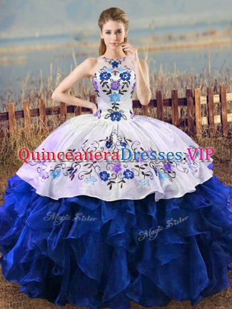 Halter Top Sleeveless Lace Up Ball Gown Prom Dress Blue And White Organza