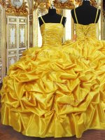 Gold Spaghetti Straps Lace Up Beading and Pick Ups Quince Ball Gowns Sleeveless