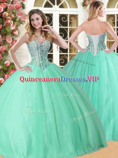 Sweetheart Sleeveless Quinceanera Gown Floor Length Beading Apple Green Tulle - Click Image to Close