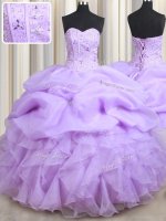 Lavender Lace Up Sweetheart Beading and Ruffles and Pick Ups 15th Birthday Dress Organza Sleeveless