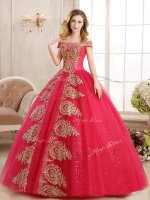 Off the Shoulder Red Ball Gowns Appliques and Sequins Ball Gown Prom Dress Lace Up Tulle Sleeveless Floor Length(SKU YCQD0108BIZ)