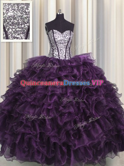 Spectacular Visible Boning Organza and Sequined Sleeveless Floor Length 15 Quinceanera Dress and Ruffles and Sequins - Click Image to Close