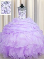 Traditional Scoop See Through Beading and Ruffles and Pick Ups Quinceanera Gowns Lavender Lace Up Sleeveless Floor Length