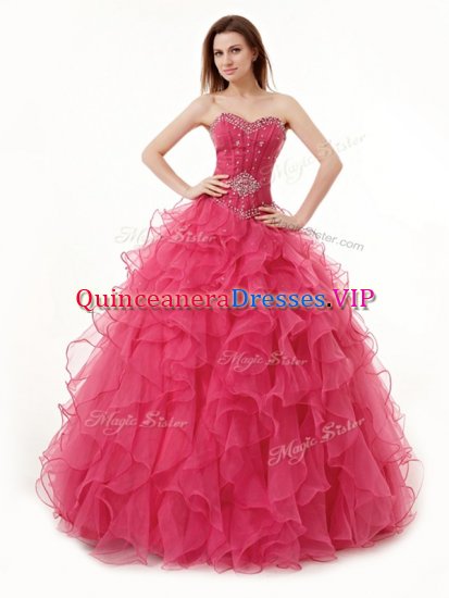 Dazzling Coral Red Sleeveless Organza Lace Up Sweet 16 Dresses for Military Ball and Sweet 16 and Quinceanera - Click Image to Close
