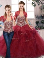 Glorious Off The Shoulder Sleeveless 15 Quinceanera Dress Floor Length Beading and Ruffles Burgundy Tulle