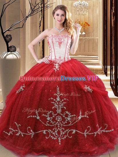 New Arrival Red Sweet 16 Dress Military Ball and Sweet 16 and Quinceanera with Embroidery Strapless Sleeveless Lace Up - Click Image to Close