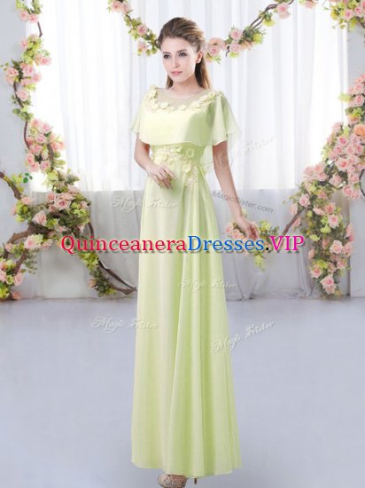 Attractive Floor Length Empire Short Sleeves Yellow Green Quinceanera Court of Honor Dress Zipper - Click Image to Close