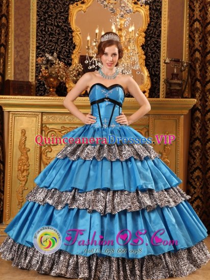 Lincoln Maine/ME Stylish Sky Blue and Leopard For Quinceanera Dress With Ruffles Layered Appliques - Click Image to Close