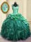 Luxurious Pick Ups Turquoise Cap Sleeves Organza and Taffeta Brush Train Lace Up Quinceanera Gowns for Military Ball and Sweet 16 and Quinceanera