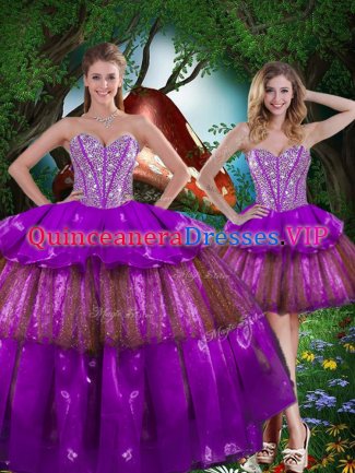 Perfect Beading and Ruffled Layers and Sequins 15th Birthday Dress Multi-color Lace Up Sleeveless Floor Length