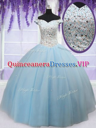Decent Off the Shoulder Light Blue Lace Up 15 Quinceanera Dress Beading Sleeveless Floor Length