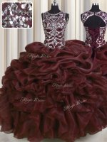 High Class See Through Floor Length Lace Up Quinceanera Dress Burgundy for Military Ball and Sweet 16 and Quinceanera with Beading and Pick Ups(SKU PSSW0447-2BIZ)